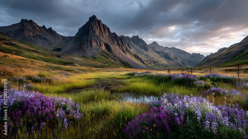 Fototapeta premium Alpine Meadow of Wildflowers beneath Jagged Mountain Peaks