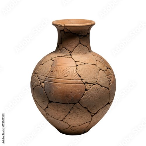 Ancient clay pot artifact isolated on white background