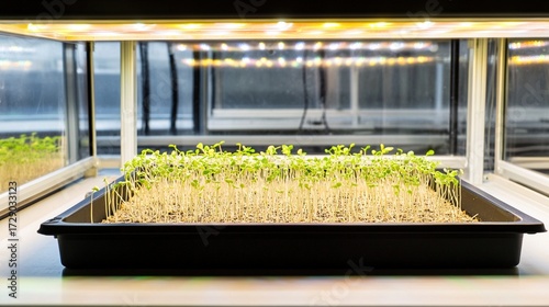 Fresh Microgreens in Seedling Tray, Indoor Planting and Gardening Scene Material