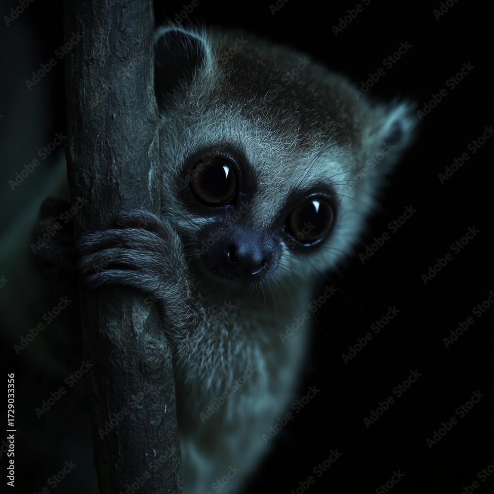 Obraz premium Nocturnal Wonder: A curious lemur with expressive eyes perched on a slender branch, illuminated in soft light against a backdrop of dark mystery.