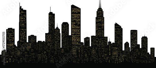 Night city skyline silhouette vector with lit windows, spire-topped skyscrapers, and urban architecture for metropolitan and design themes