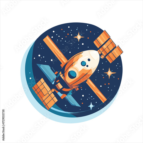 Space station orbiting Earth.  Detailed illustration of a space station in orbit