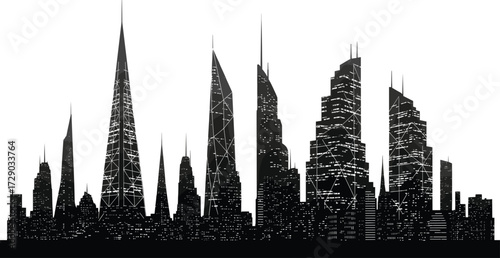 City skyline silhouette vector of modern skyscrapers with geometric architecture, nighttime windows, and urban design for metropolitan themes