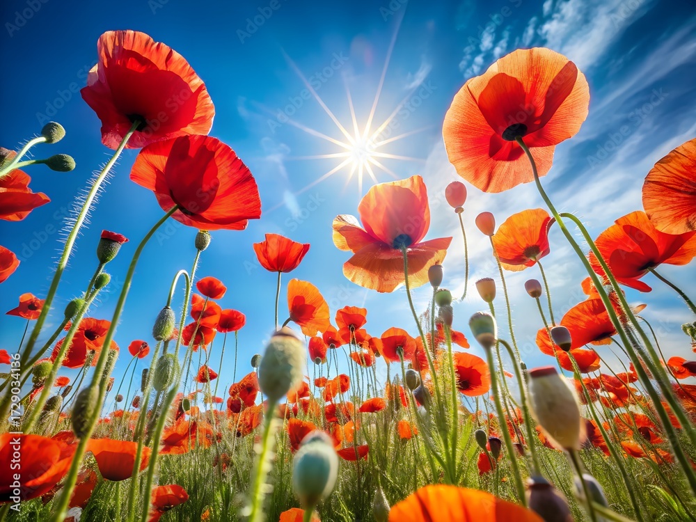 Fototapeta premium Low angle view of a field of red poppies under a bright blue sky with the sun shining
