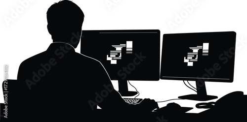 Data analyst silhouette vector with dual monitors, charts, and desk setup for programming, cybersecurity, and tech workspace themes
