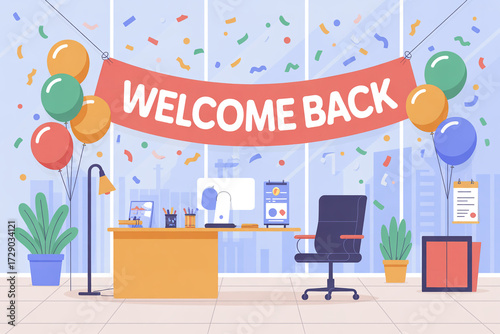 Celebrate the Return to the Office with this Cheerful Scene of Balloons and Confetti, Perfect for Welcoming Employees Back to Work and Boosting Team Morale in a Modern Workspace