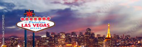 Welcome to Fabulous Las Vegas Sign with Beautiful City Lights at Sunset