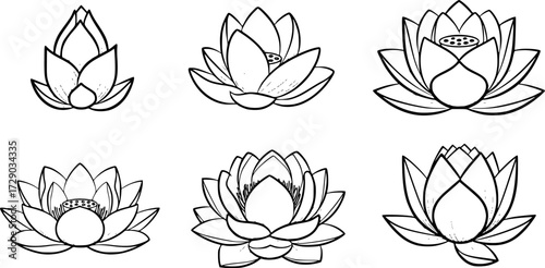Set of lotus flowers vector icons. Relax, calm and harmony symbol. Black line icons.