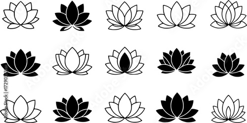 Set of lotus flowers vector icons. Relax, calm and harmony symbol. Black line icons.