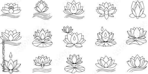 Set of lotus flowers vector icons. Relax, calm and harmony symbol. Black line icons.