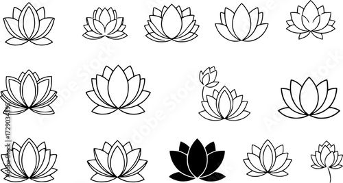 Set of lotus flowers vector icons. Relax, calm and harmony symbol. Black line icons.
