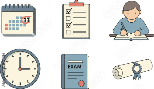 Exam preparation icons set with calendar, checklist, study time, exam book, diploma, student writing, academic success, education tools