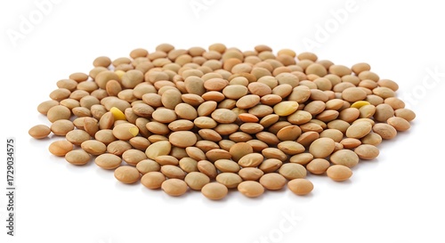 Pile of brown lentils on white background close up food photography