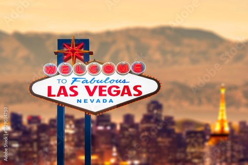 Photography Welcome to Fabulous Las Vegas Sign with Beautiful City Lights at Sunset