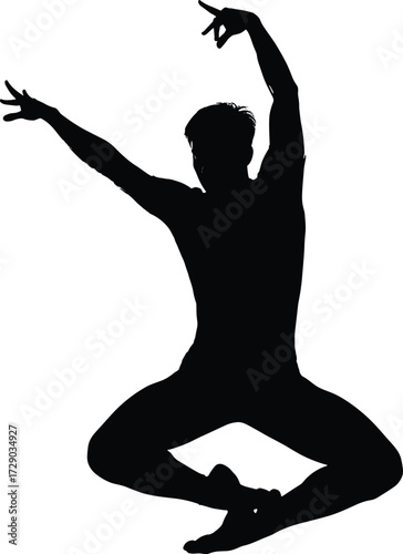 Jumping person silhouette vector of dynamic dancer or athlete mid-air with expressive limbs and energetic pose for movement themes