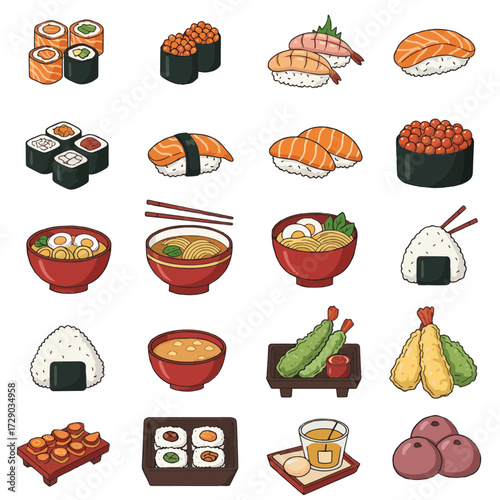 Vibrant pixel art sushi and Japanese food icons collection