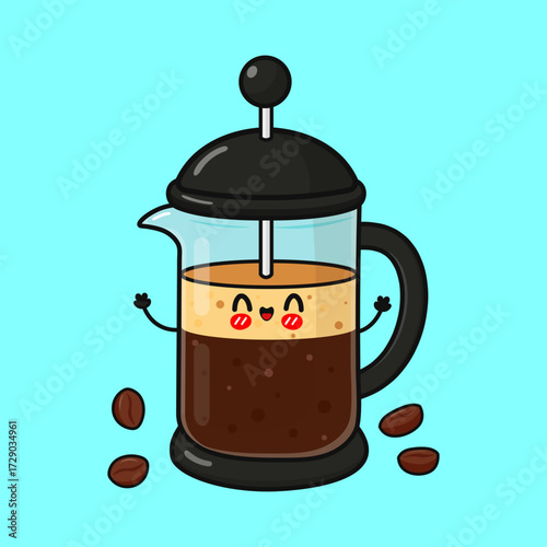 Happy french press coffee maker character cartoon