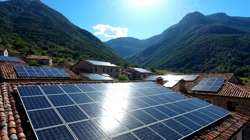 Solar panels covering traditional rooftops in a remote mountain village, capturing sun power and promoting sustainable energy solutions amidst a natural landscape