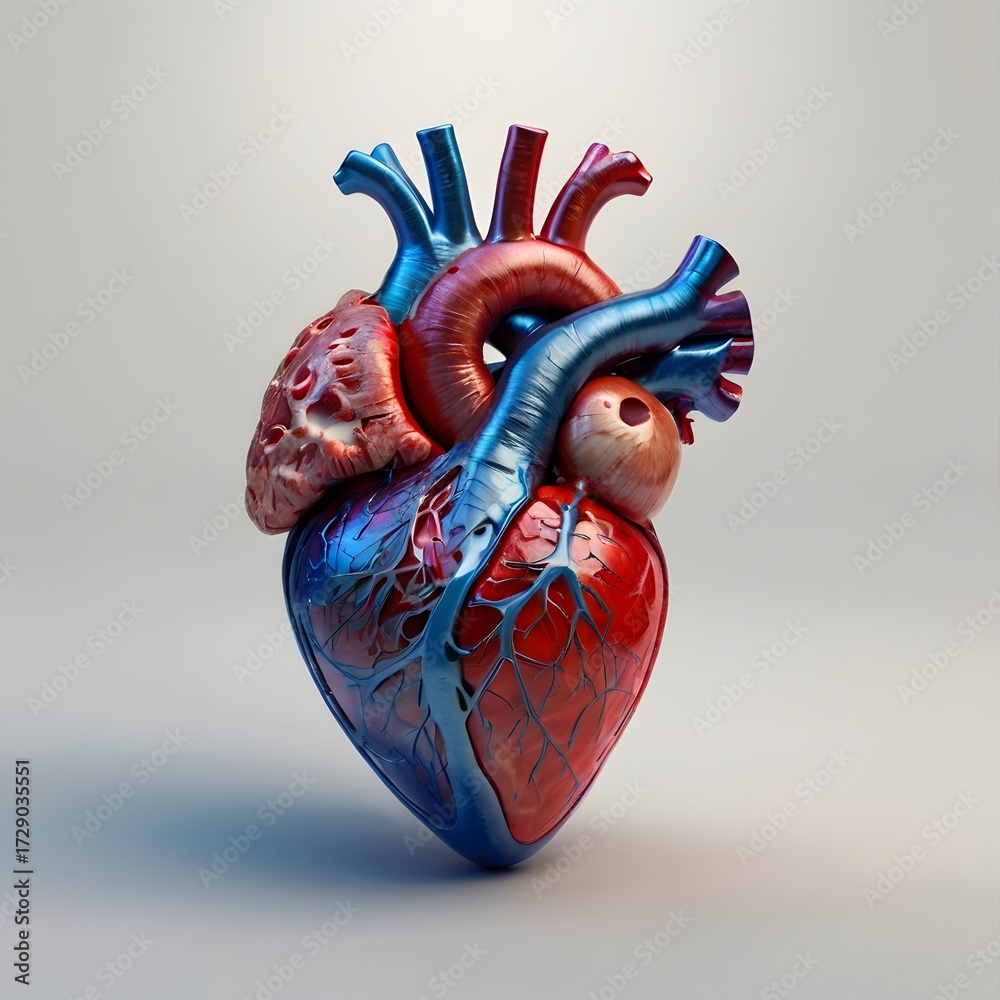 Naklejka premium Stylized digital art depicting a human heart, showcased with vibrant hues and intricate detailing.
