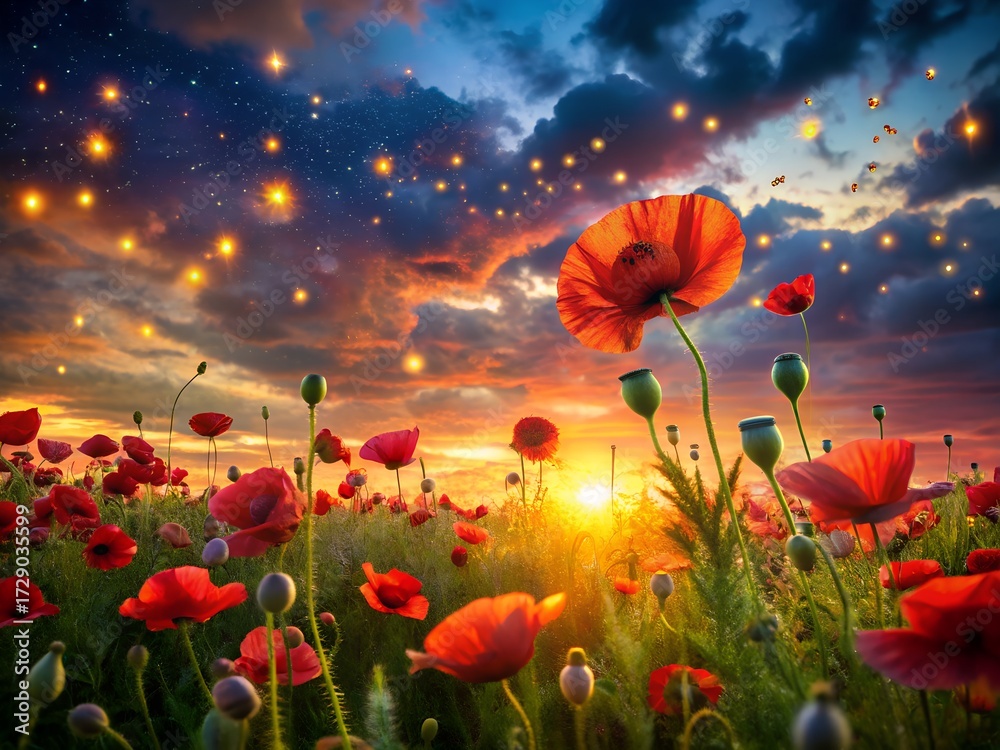 Fototapeta premium Vivid poppy field at sunset with a magical sky full of stars and dramatic clouds landscape