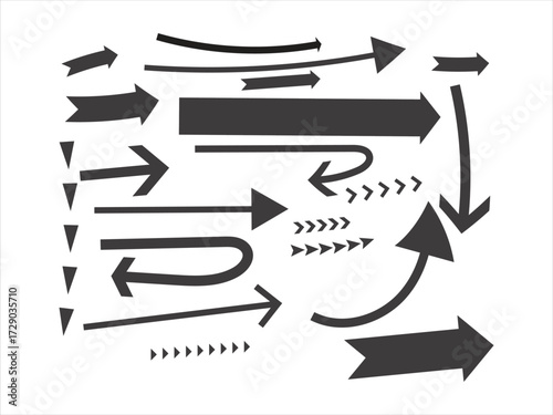 This image showcases a diverse collection of dark grey arrows against a white background. The arrows vary greatly in size, thickness, shape, and direction, representing various movements and flow. 