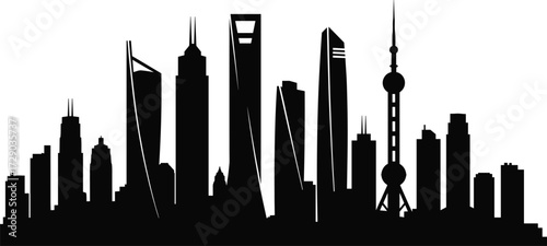 Shanghai skyline silhouette vector with iconic landmarks—Oriental Pearl Tower, Shanghai Tower, and World Financial Center—for urban design themes
