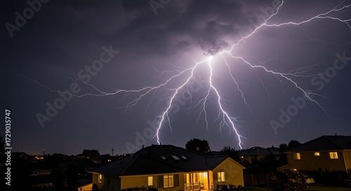 Dramatic lightning strikes illuminate suburban homes during a powerful thunderstorm at night