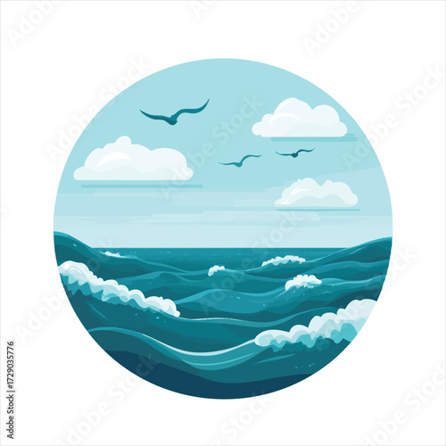 Ocean scene in a circle.  Gentle waves, fluffy clouds, and birds soar above