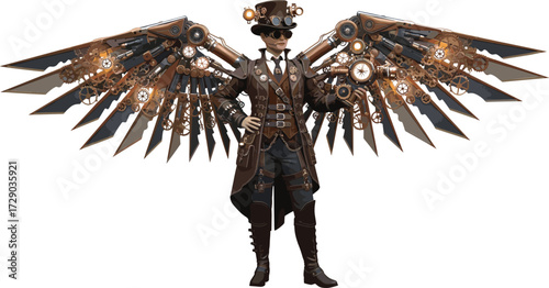 Steampunk character vector with mechanical wings, top hat, goggles, and Victorian-industrial fashion for fantasy, cosplay, and retro-futuristic themes