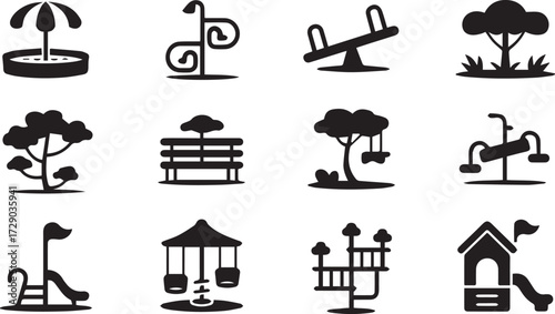 Vector art of black and white playground equipment icons