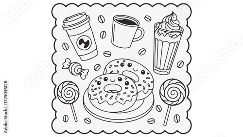 A delightful coloring page concept featuring kawaii donuts, coffee, and sweet treats in a charming cartoon line art style for creative activities