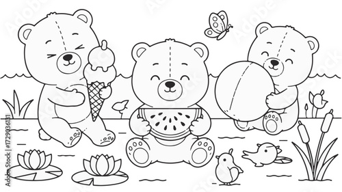 Charming illustration of adorable teddy bears enjoying a delightful summer day with ice cream, watermelon, and a beach ball, ideal for children's coloring activities