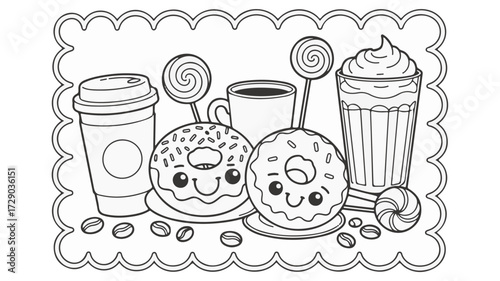 Cute Kawaii Doughnuts and Coffee Cup Coloring Page with Sweet Treats for Kids and Adults to Enjoy