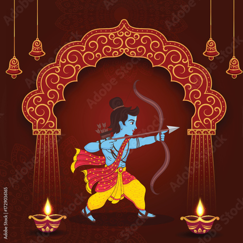 A vibrant illustration of Lord Rama aiming an arrow from his bow, standing under a traditional red and gold arch with decorative bells, surrounded by lit diya lamps.