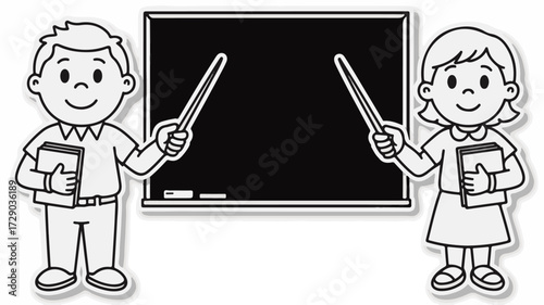 Charming black and white line art illustration of a student boy and girl pointing to a blank blackboard, ideal for back to school concepts, learning, and educational messages