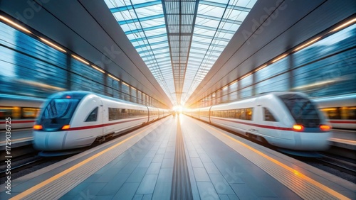 High-Speed Trains at Modern Station with Advanced 5G System