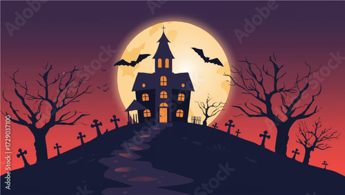 Spooky haunted house on a hill with graveyard, full moon, bats, and eerie trees, perfect for Halloween designs and scary themes
