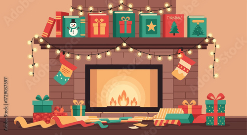 Cozy holiday scene with fireplace and gifts evokes festive cheer and winter celebrations