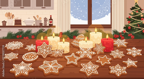 Charming festive kitchen scene with beautifully decorated gingerbread cookies and warm candle