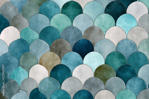 Scaly pattern design in shades of blue green gray and white