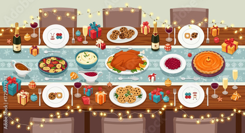 Festive Holiday Dinner Table Setting with Gifts and Sparkling Lights creating a celebratory ambiance