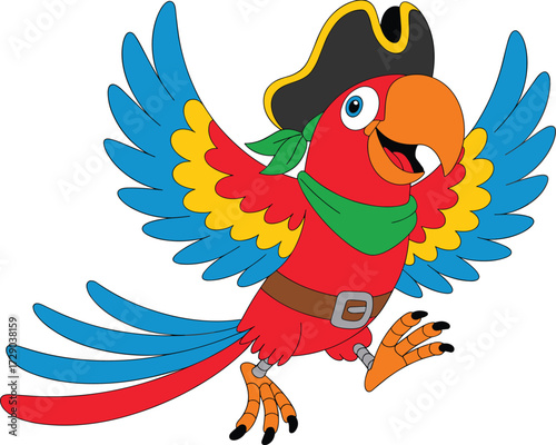 Cartoon pirate parrot illustration, colorful bird character, flying parrot with hat, animal mascot artwork, children’s story design, fantasy adventure theme
