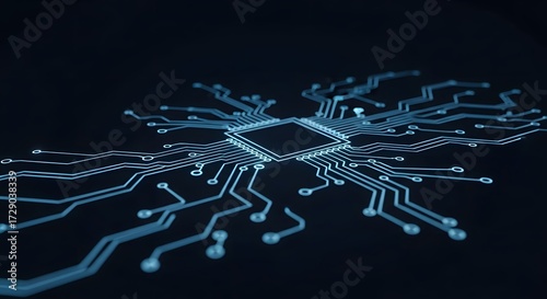 Detailed close-up illustration of a computer chip circuit board with glowing lines and intricate electronic pathways