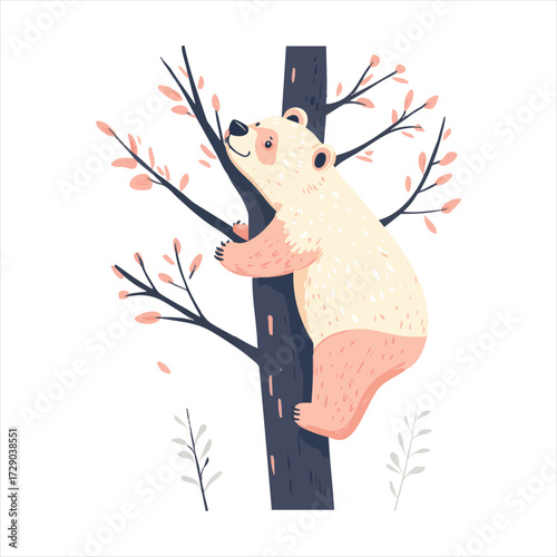 Cute panda climbing a tree, surrounded by spring blossom