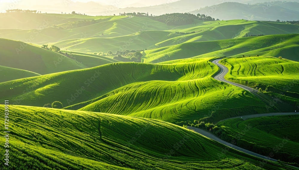 Obraz premium Road trip Rolling, green hills with warm sun in Tuscany. Promoting tourism
