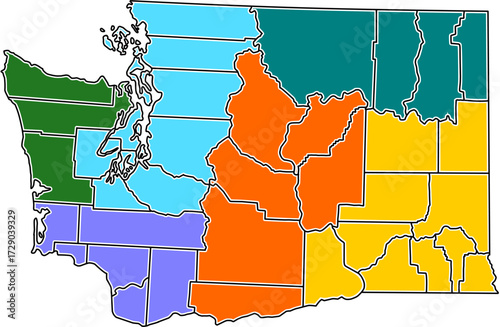 Colorful vector map of Washington State, highlighting six major regions including Puget Sound and Columbia Basin.

