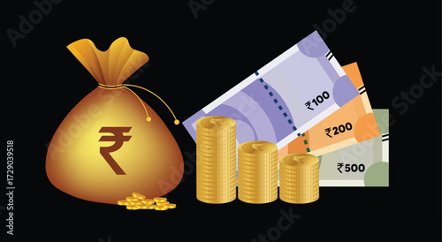 Golden money bag with Indian rupee coins and colorful banknotes illustration