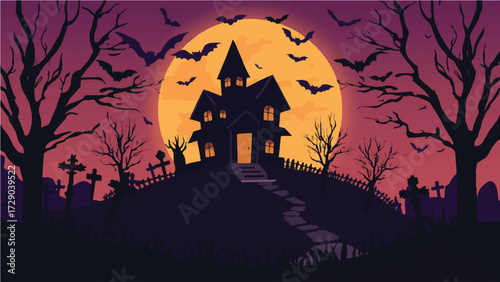 Spooky haunted house on a hill with graveyard, full moon, bats, and eerie trees, perfect for Halloween designs and scary themes