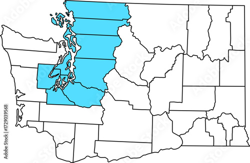 Detailed vector map of Washington, USA, highlighting the Puget Sound and Greater Seattle metro area.

