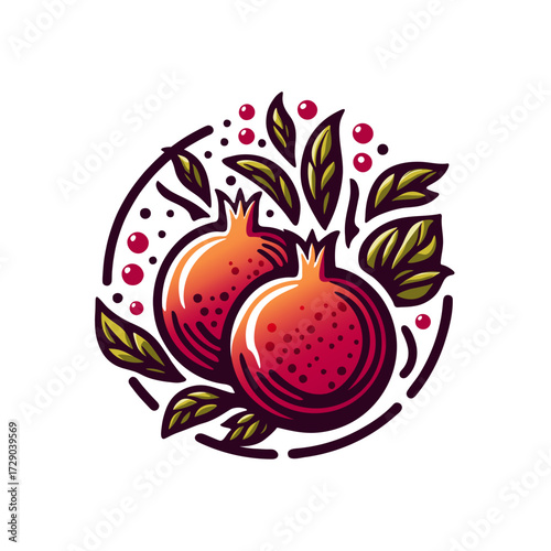 Vibrant and stylized logo  two pomegranates  amidst leaves and berries, enclosed within a circular frame